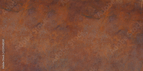 Panorama of rusty metal wall, old sheet of iron covered with rust and corrosion paint. Oxidized iron panel. Texture or background. photo