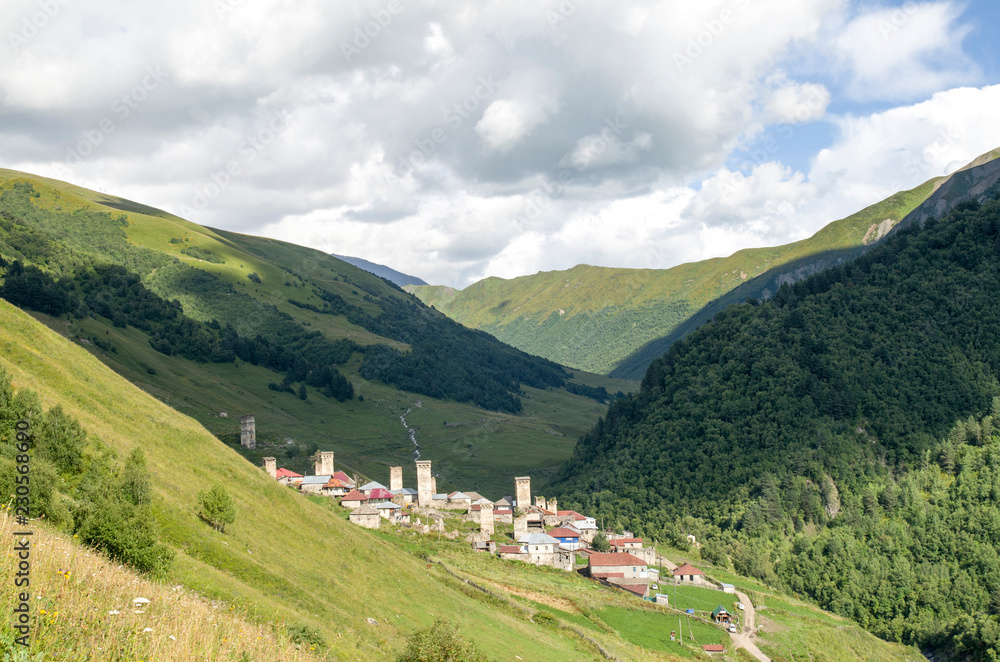 Svaneti tower houses in  Adishi in Caucasus mountains