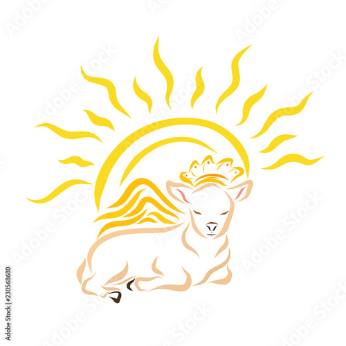 Lying winged lamb or calf in a crown and shining sun