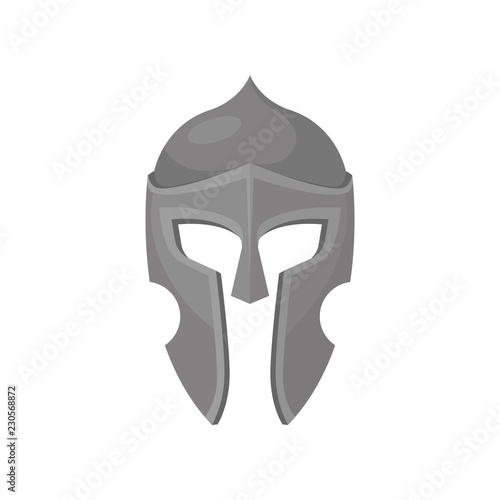 Gray armour helmet. Medieval protective headgear for knight. Solid metal face mask. Flat vector design