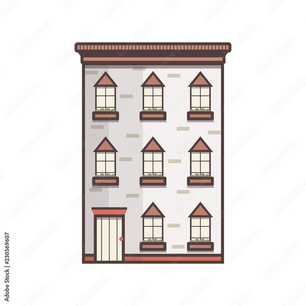 Vector cartoon flat line city house, front view