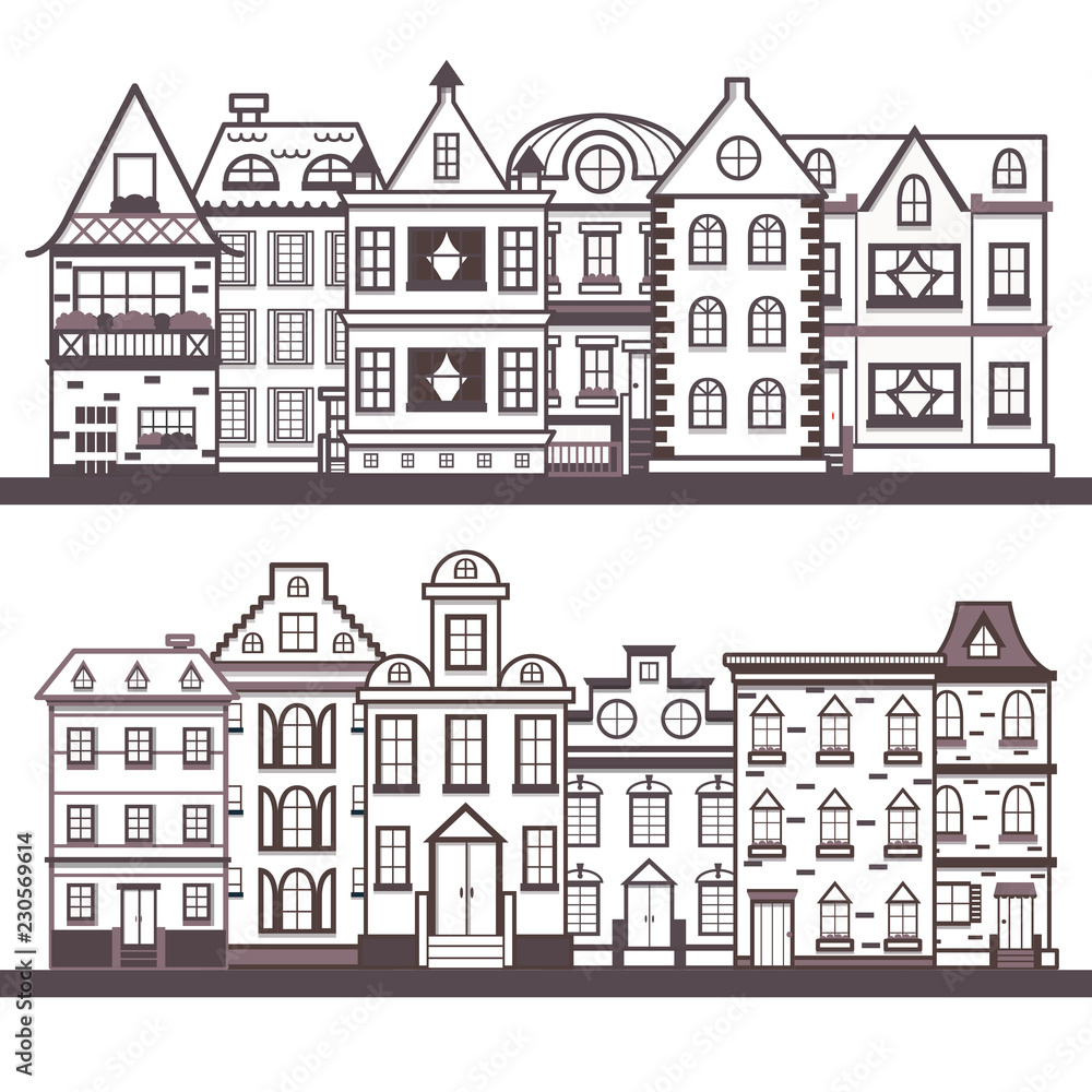 Vector cartoon flat line city houses background
