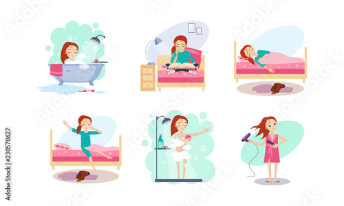 Woman daily routine, night and morning time, girl reading before bed, sleeping, waking up, taking a bath, blowing dry hair vector Illustration on a white background