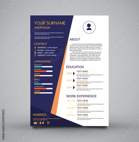 Professional minimalist template curriculum vitae dark blue