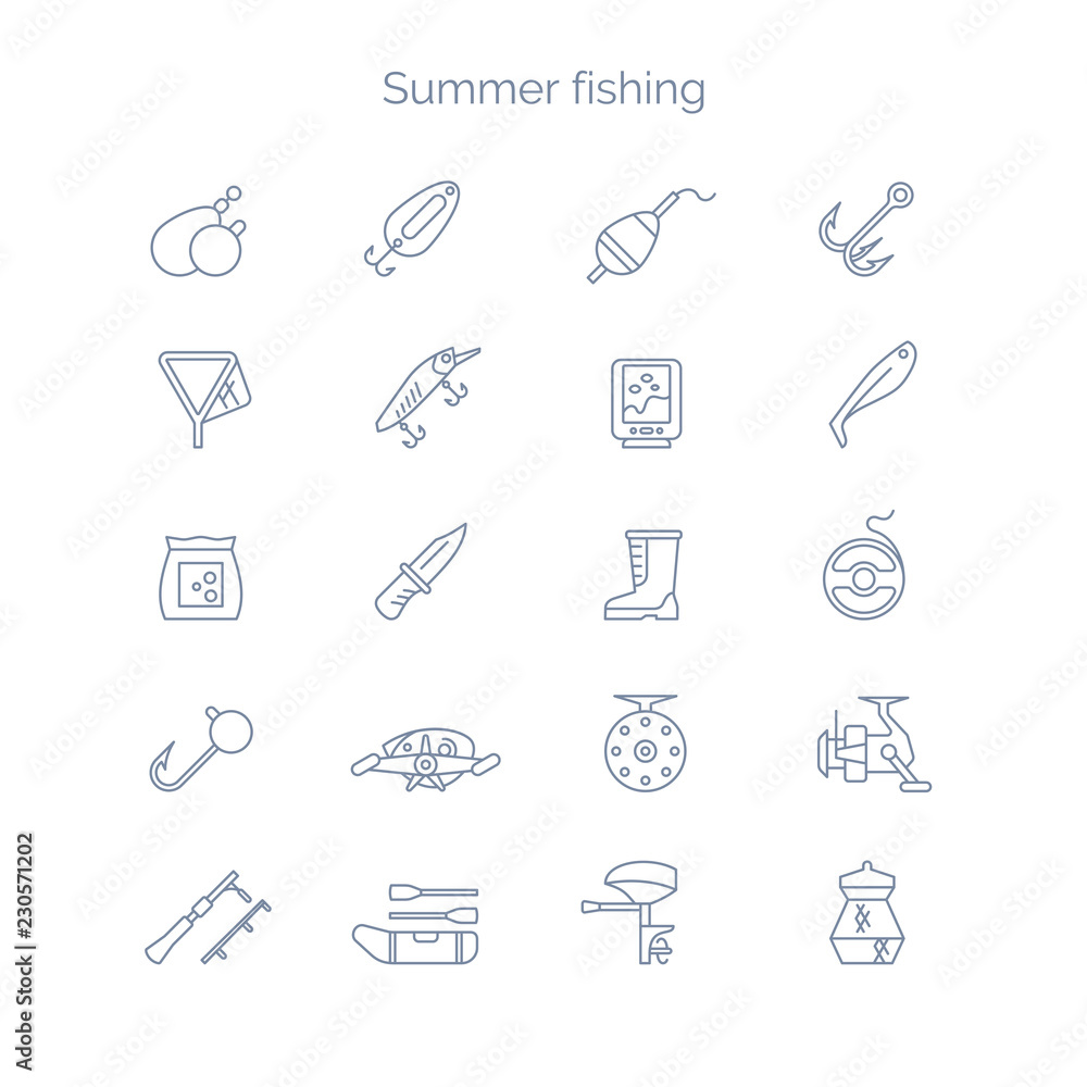 Fototapeta premium Set of linear icons for summer fishing. Illustration of tools and objects.