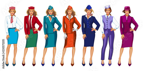 Vector illustration of air hostess in uniform and formal hat. Stewardess on a white background.