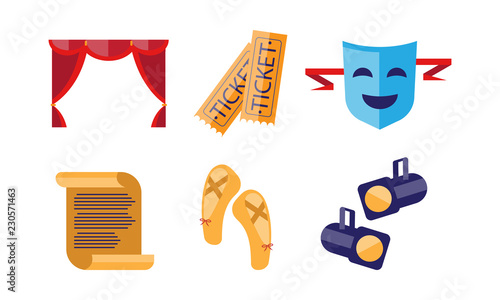 Theatre icons set, curtain, tickets, scroll, pointe shoes, comedy mask, spotlights, theatrical premiere elements vector Illustration on a white background