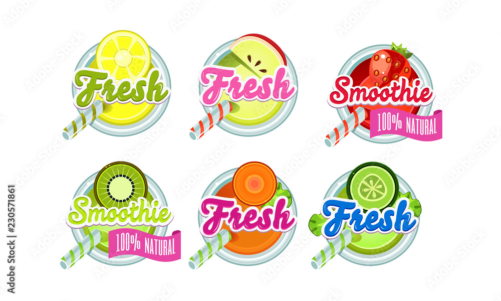 Fresh smoothies logo set, lemon, apple, strawberry, kiwi, orange, lime fresh drink badges vector Illustration on a white background