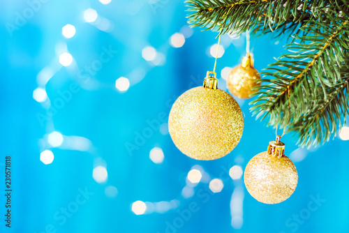 Christmas decorations, Christmas balls, Lights on glitter background.