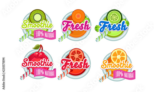 Fresh smoothies logo set, kiwi, orange, lime, cherry, tomato, orange fresh drink badges vector Illustration on a white background