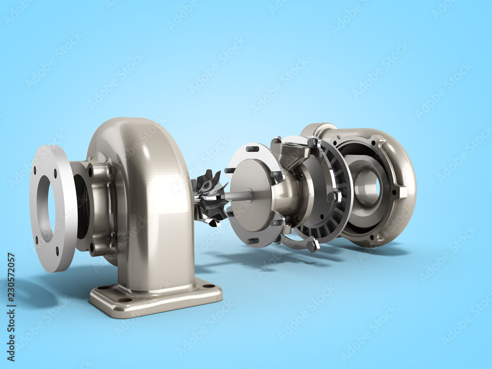 Automotive turbocharger turbine 3d render on blue Automotive turbocharger turbine 3d render on blue