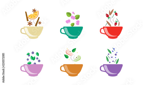 Herbal tea cups set, tea with orange, blueberry, apple, cinnamon, rosehip, anise vector Illustration on a white background