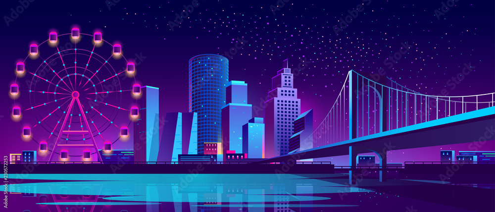 Vector urban concept background with night city illuminated with neon glowing lights. Futuristic cityscape with modern buildings, high skyscrapers, Ferris wheel in amusement park on bank of river Vector urban concept background with night city illuminated with neon glowing lights. Futuristic cityscape with modern buildings, high skyscrapers, Ferris wheel in amusement park on bank of river