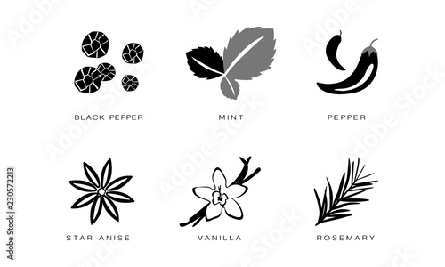 Spices and condiments icons set, black pepper, mint, pepper, star anise, vanilla, rosemary vector Illustration black badges on a white background