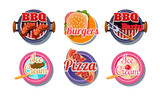 Fast food logo set, pizza, barbecue, burger, ice cream badges vector Illustration on a white background