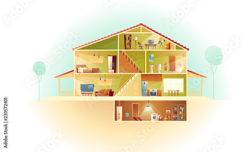 Vector house interior in cross section with basement and garret, cartoon multistorey private building. Attic, furniture in living room, TV. Laundry and storage in cellar. Architecture background.