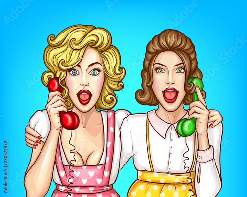 Vector pop art pretty women talk on the phone, excited housewives in apron, blouses. Friends hug each other. Beautiful girls gossip, shocked characters with open mouths isolated on blue background.