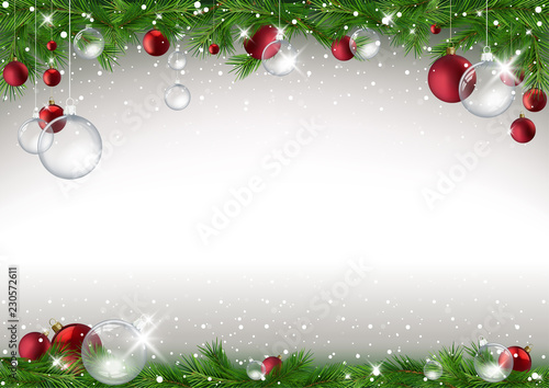Christmas Background with Branches and Christmas Balls and Falling Snow - Colored Illustration, Vector
