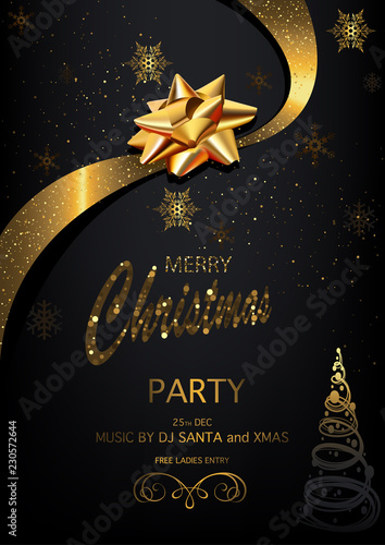 Christmas Party Invitation on Black Background with Golden Glittering Inscription, Golden Bow and Ribbon and Snowflakes - Vector Illustration