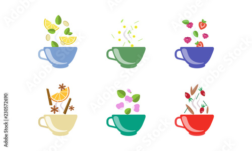 Herbal tea cups set, lemon, chamomile, strawberry, raspberry, cinnamon, rosehip, anise vector Illustration on a white background