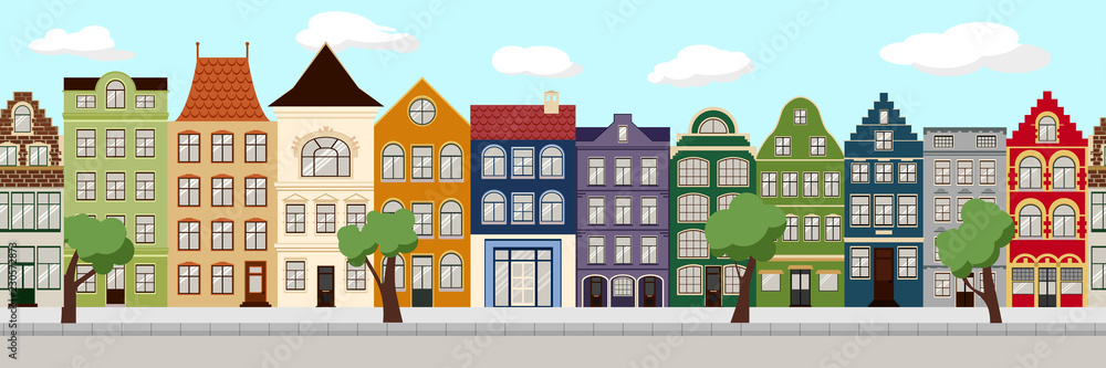 Seamless Border of Cute retro houses exterior. Collection of European building facades. Traditional architecture of Belgium and Netherlands. Sweden, Norway, Daanmark