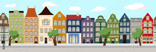 Seamless Border of Cute retro houses exterior. Collection of European building facades. Traditional architecture of Belgium and Netherlands. Sweden, Norway, Daanmark