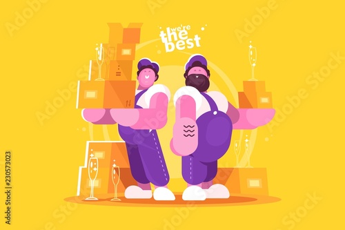 Couple loaders movers team with cardboard boxes.