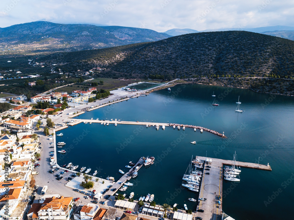 Aerial view of Ermioni Marina in Aegean sea, Greece.