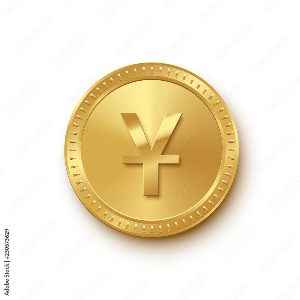 Fototapeta premium Golden coin with yuan symbol isolated on white background. Vector finance icon.