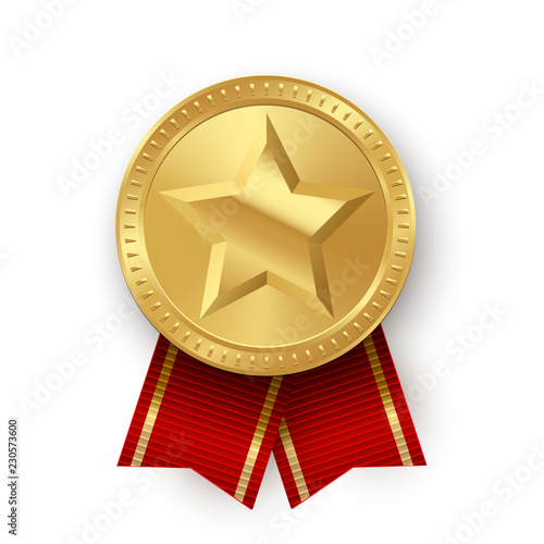 Gold medallion with star and red ribbons isolated on white background. Vector design element.