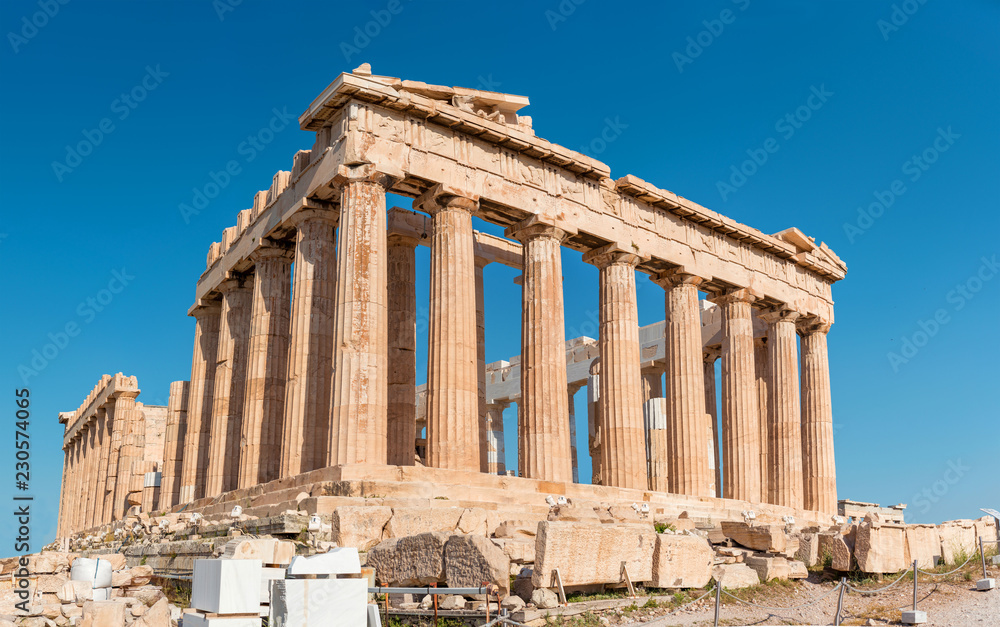Parthenon of Acropolis building shoot in the morning with no tourists. Ancient Greece major landmark.