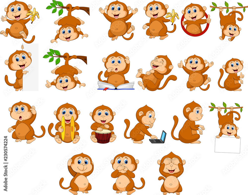 Naklejka premium Cartoon happy monkey collection with different actions