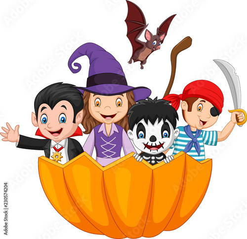 Cartoon kids with Halloween costume inside pumpkin basket