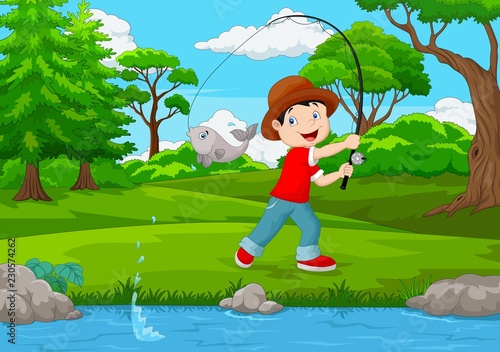 Little boy fishing on the lake