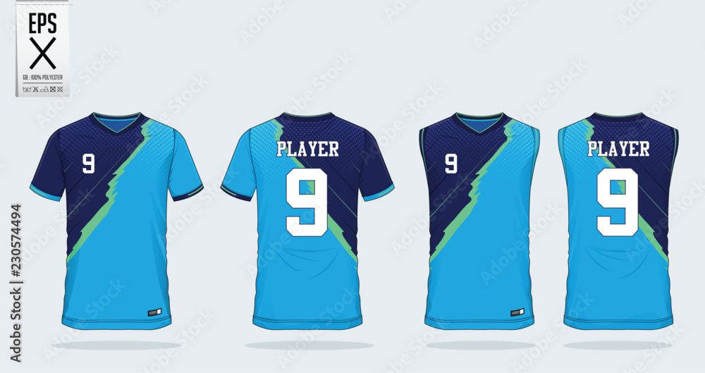 Fototapeta premium Blue t-shirt sport design template for soccer jersey, football kit and tank top for basketball jersey. Sport uniform in front and back view. Sport shirt mock up for sport club. Vector Illustration.