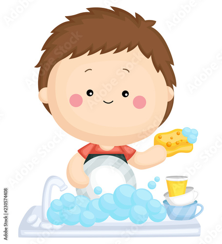 a boy washing dishes with a sponge