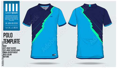 Blue polo t-shirt sport template design for soccer jersey, football kit or sport shirt. Sport uniform in front view and back view. T-shirt mock up for sport club. Vector Illustration.
