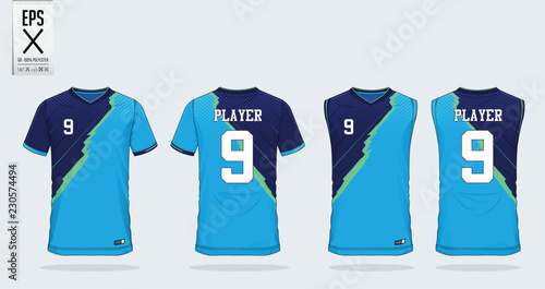 Blue t-shirt sport design template for soccer jersey, football kit and tank top for basketball jersey. Sport uniform in front and back view. Sport shirt mock up for sport club. Vector Illustration.