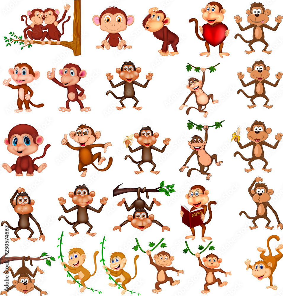 Fototapeta premium Kolekcja kreskówka szczęśliwa małpa z różnymi działaniami
