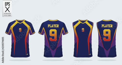 Blue t-shirt sport design template for soccer jersey, football kit and tank top for basketball jersey. Sport uniform in front and back view. Sport shirt mock up for sport club. Vector Illustration.
