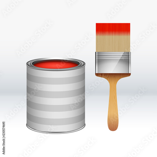 Cartoon red paint bucket with and paint brush. Vector illustration. Isolated