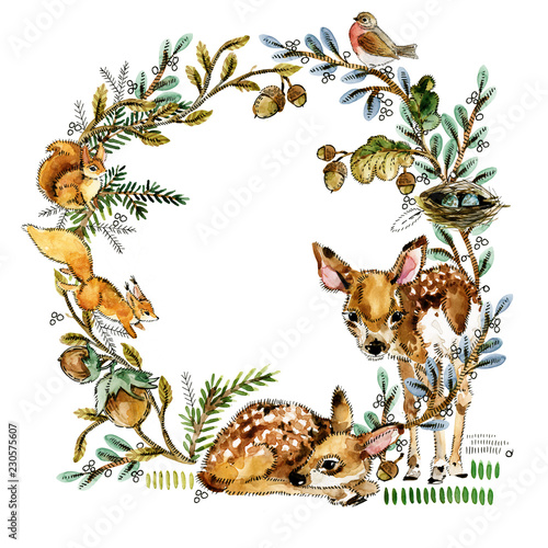 wreath with cute watercolor forest animals 