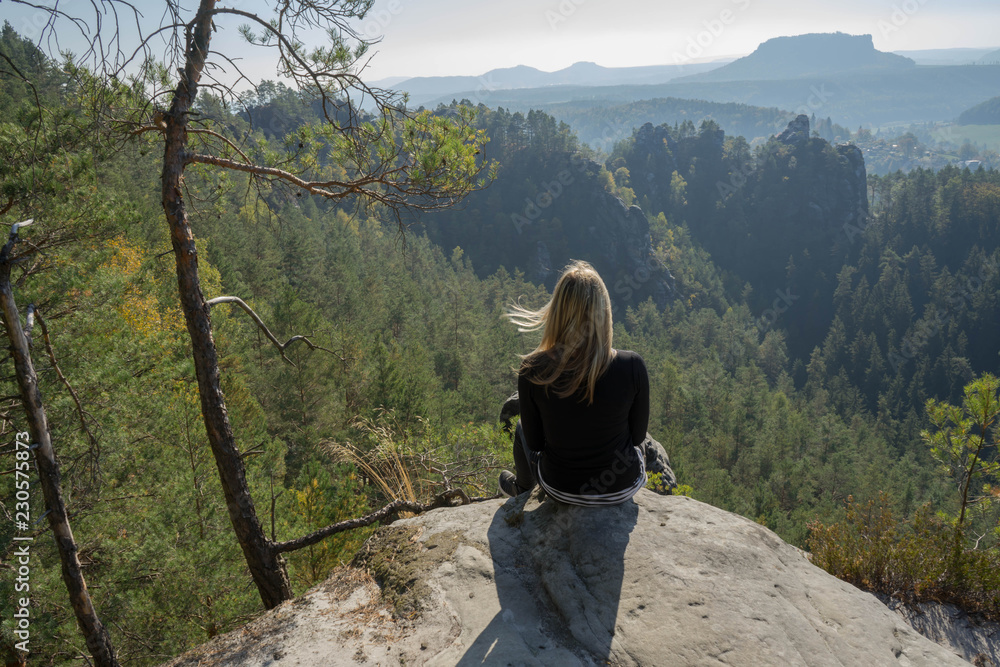 Beautiful panoramic view of famous Bastei Bridge with Elbe Sandstone mountains in Saxon Switzerland National Park, Saxony, Germany