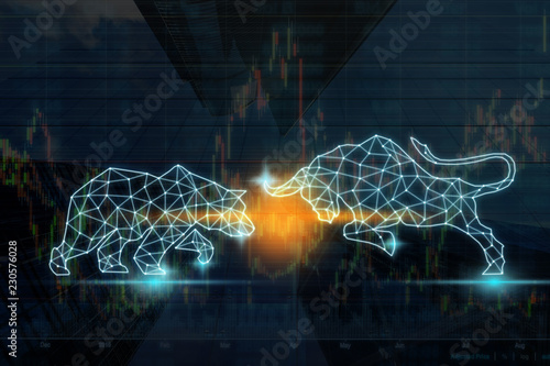 polygonal bull and bear shape writing by lines and dots over the Stock market chart with information over the Modern business building glass of skyscrapers, trading and finance investment concept