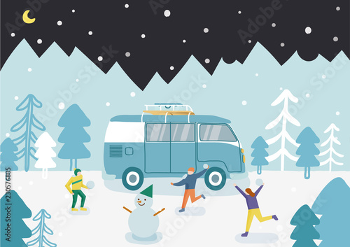 Friends playing snowball fight and having fun in snow in winter. And they made a snowman.