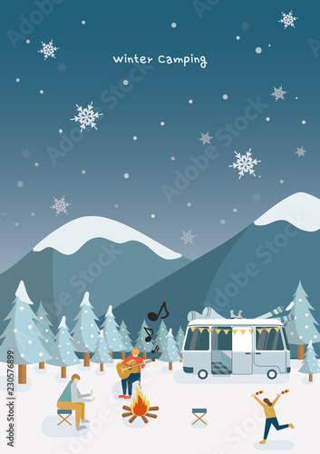 Schilderij op canvas Friends on a camp - cartoon people character isolated illustration