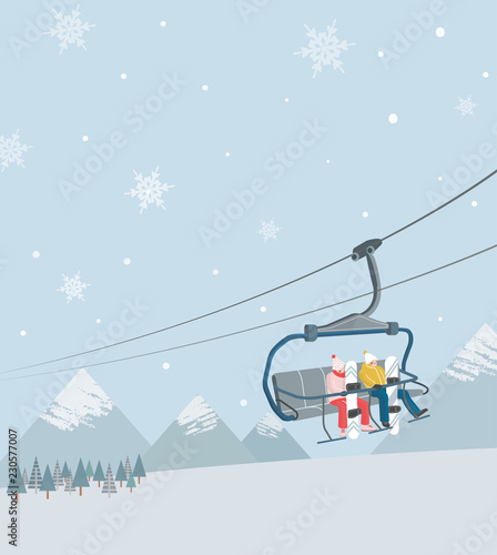 Young guys are riding a ski lift in the mountains, snowboarding. Winter holiday season. Hotel. Flat design vector illustration.