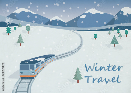 Rail transportation on winter landscape. Flat design.