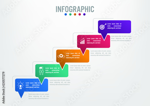 Business infographic template with 5 options message box shape, Vector business template for presentation.