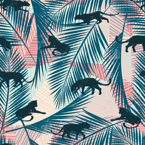 Vestor seamless pattern with leopards and abstract tropical leaves.